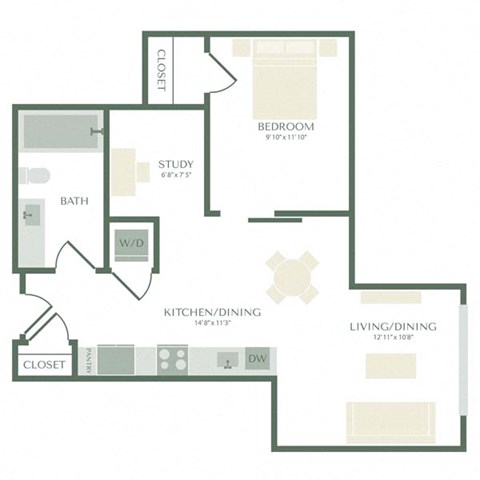 Floor plan for 1 bed, 1 bath, 689 sqft